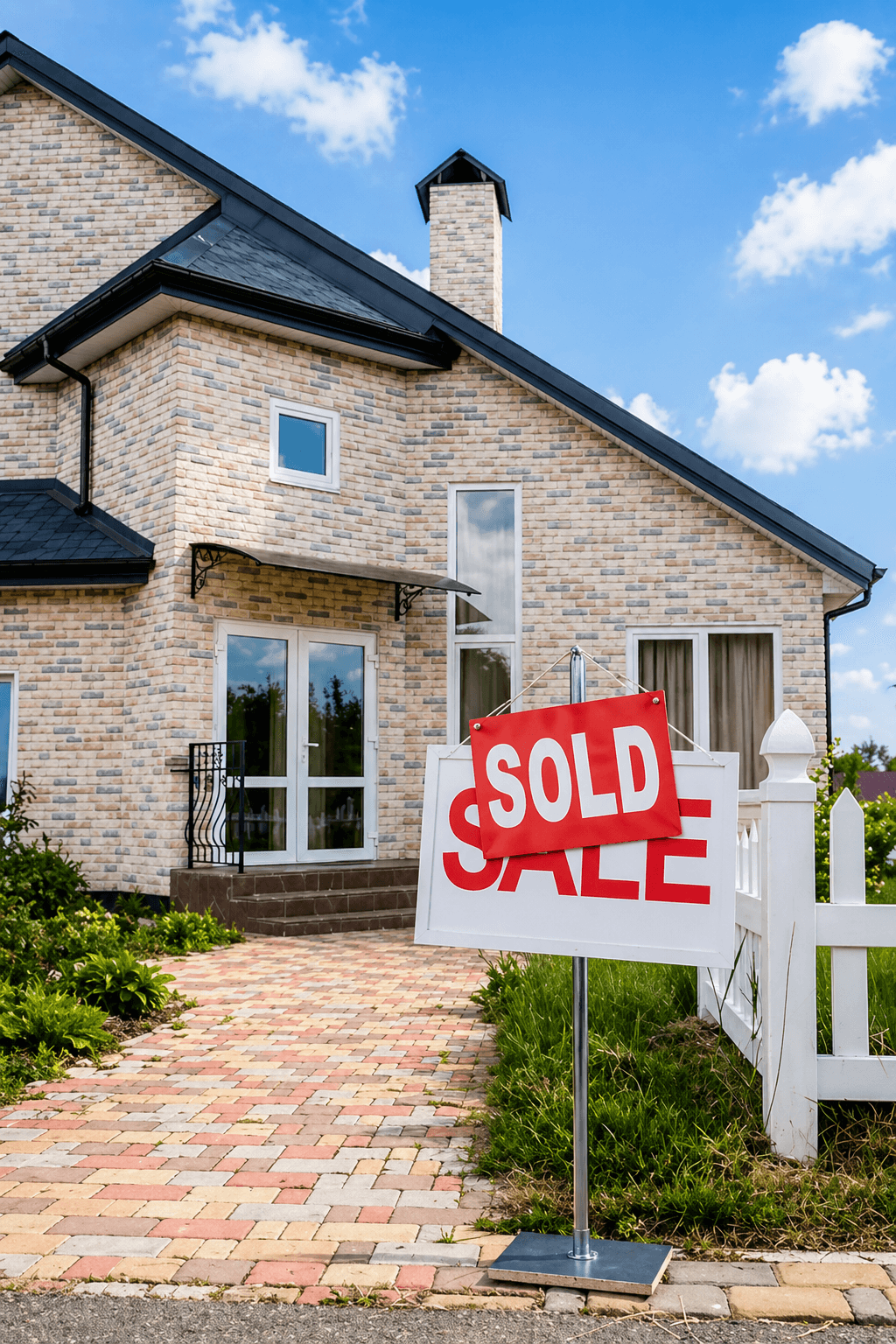 A SOLD sign in front of a house with a brick exterior